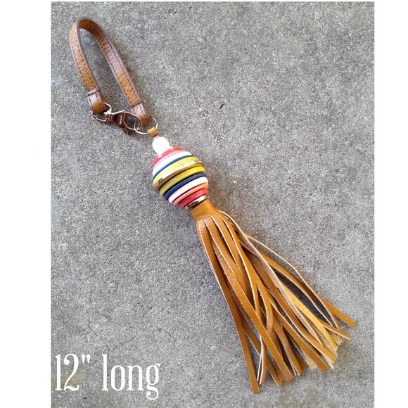 Fossil Brown Leather Beaded Unique Purse Charm Key Chain Purse Accessory 12in - Picture 3 of 5